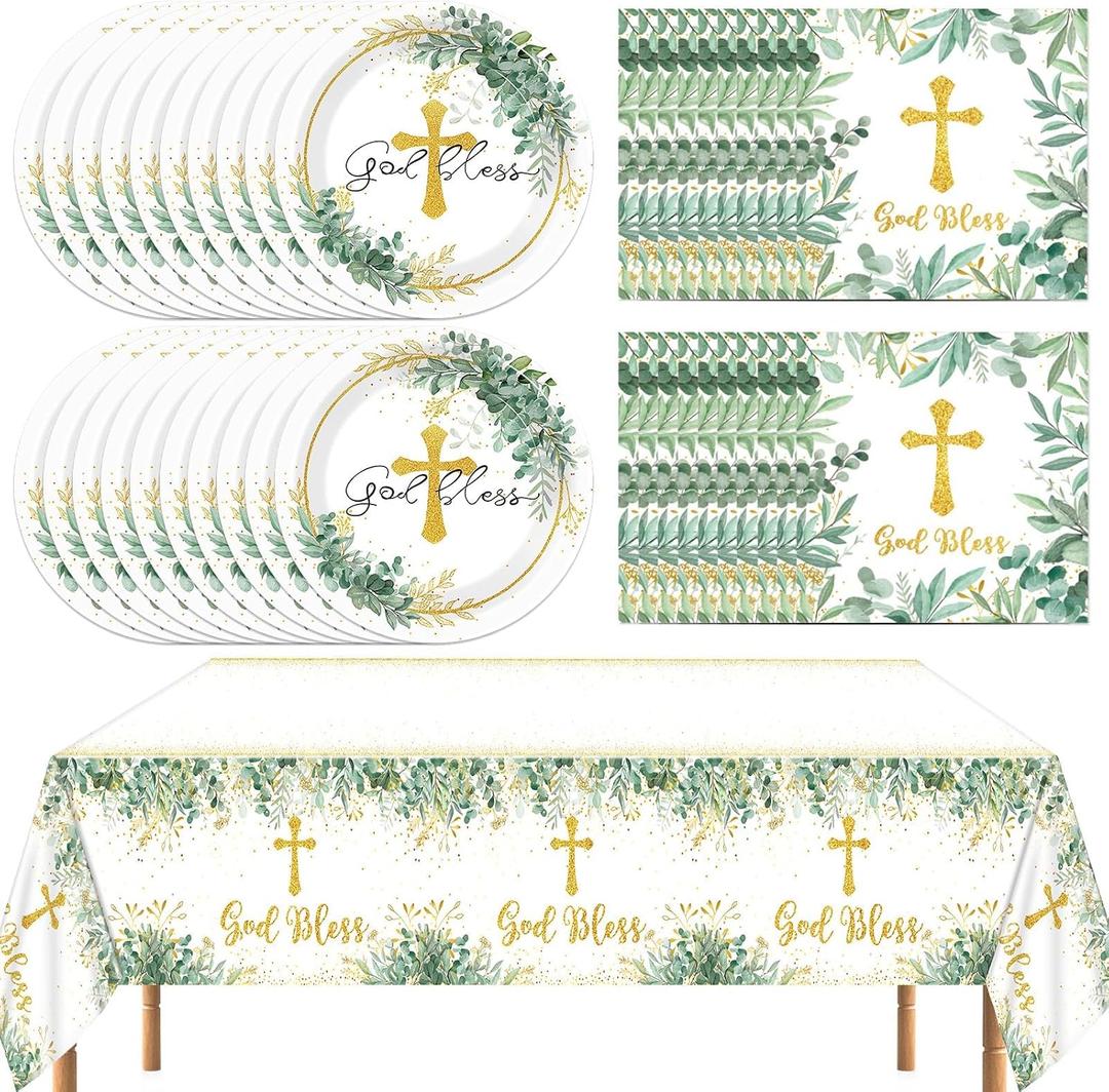 Naozinebi 41 Pcs God Bless Plates Baptism Tableware First Holy Communion Mi Bautizo Disposable Plates Napkins Tablecloth for Newborn Baby Shower Party Christening Religious Party Decorations