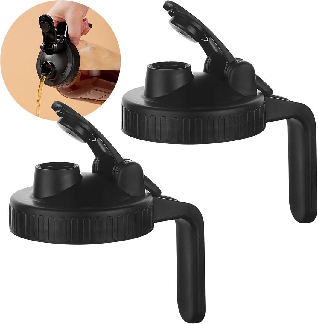 Mason Jar Pour Spout Lid for Wide Mouth Mason Jars, Mason Jar Pitcher Flip Cap Airtight Handle Lid, Leak Proof Seal Cover, Pack of 2