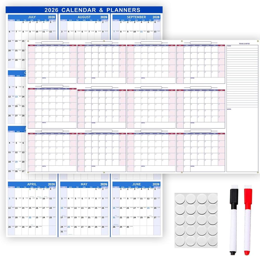 24" x 36" 2026 Wall Calendar Large Wet & Dry Erase Laminated 12 Month Annual Yearly Wall Planner,Reversible, Horizontal/Vertical(Blue)