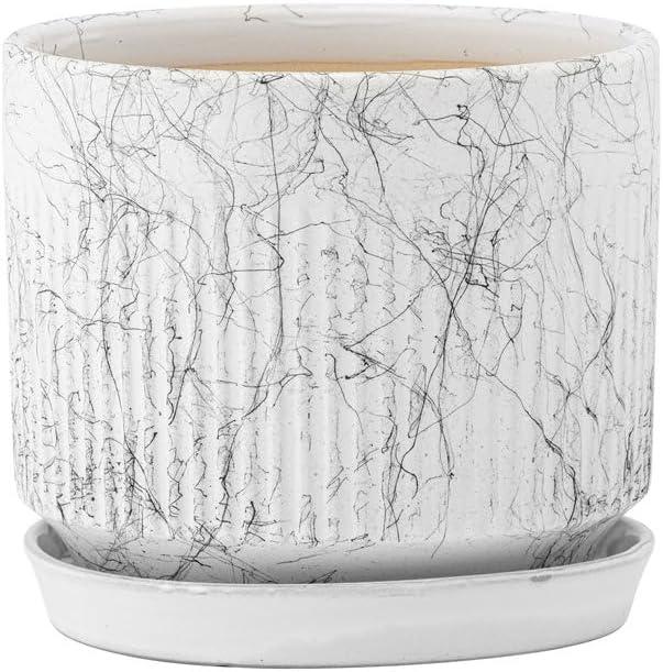 Napco Imports Indoor Outdoor Plant Succulent Herb Flower Pot 5.75 Inch Ceramic Ribbed Marble
