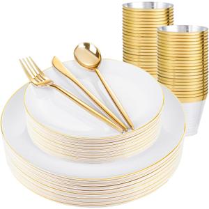 bUCLA 150PCS White and Gold Plastic Plates Disposable - 25 Guests Gold Dinnerware Set - Include 25 Each (Dinner & Dessert) Plates, 25 Knives, 25 Forks, 25 Spoons & 25 Cups for Party