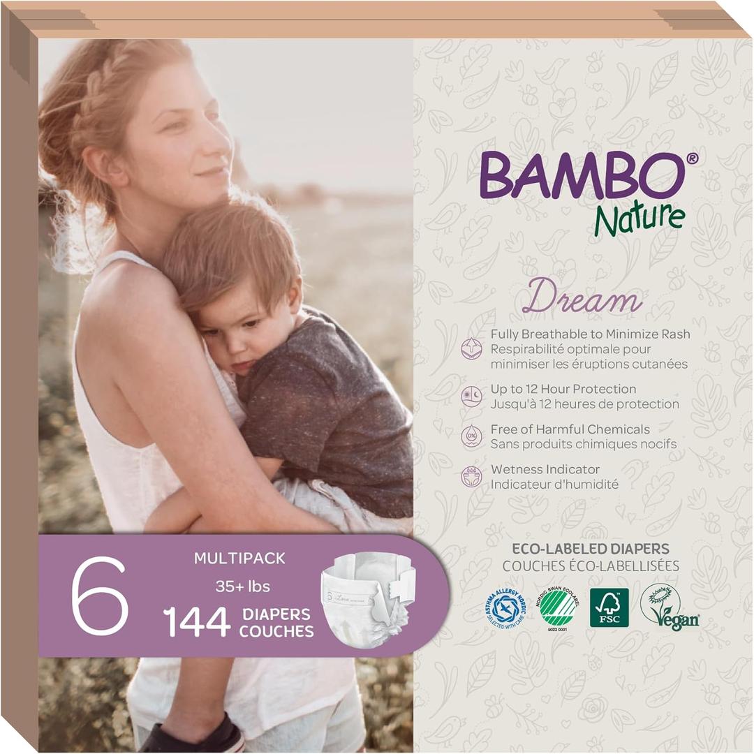 Bambo Nature Hypoallergenic Baby Diapers, Eco-Labelled Sustainable Diapers, Enhanced Leakage Protection, Totally Chlorine-free, Skin Friendly, and Super Absorbent - Size 6 (144 Count)
