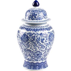 Blue and White Ginger Jar, Ceramic Chinoiserie Decorative Jars for Home, Office, Flower Vase Pocelain, Glossy Vase for Table, Living Room, Bookshelf, Mantle Fireplace, Centerpieces, 15" H