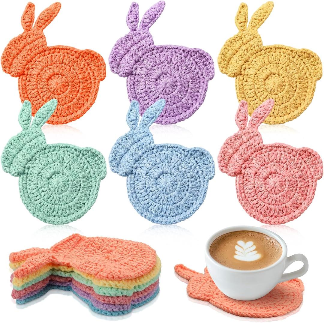 6 Pcs Easter Bunny Crochet Coaster Set 5.1 x 6.7 Inch Rabbit Handmade Woven Cup Pad Mats Gift Kit for Spring Holiday Kitchen Home Office Bar Desk Table Decor