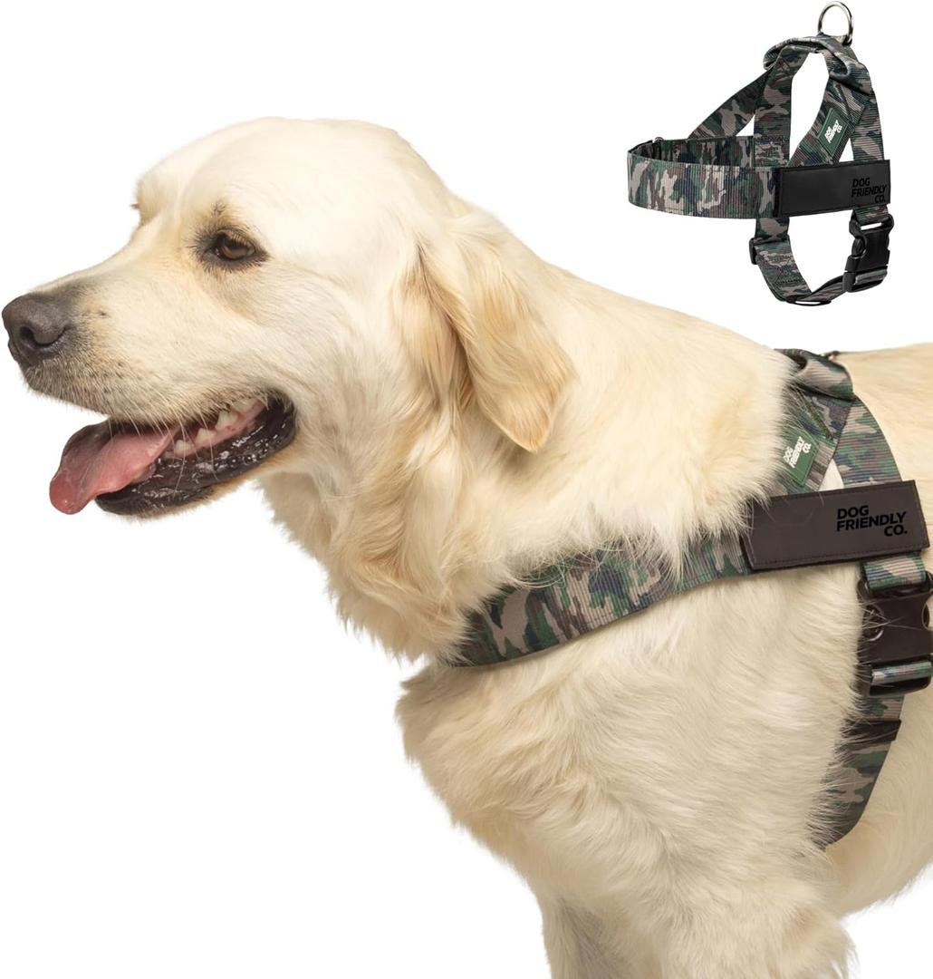 DF Co. Dog Harness | Chafe Resistant Webbing, Adjustable Neck & Chest, and Heavy Duty D-Ring | Sturdy, Comfortable, Easy to Use | Green Camo, Size S