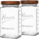 1 Gallon Glass Jars with Wooden Lids - Extra Large Mason Jars Wide Mouth with Airtight Wood Lids - Square Glass Storage Containers with Measurement Markings for Flour, Sugar & Pickling, 2 Pack