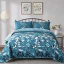 WONGS BEDDING Quilt Set King Size, 3 Pieces Teal Floral Botanical Leaves Bedspread Coverlet Set with 2 Pillowcases for All Season, Soft Microfiber Floral Bedding Set 104"×90", Teal 