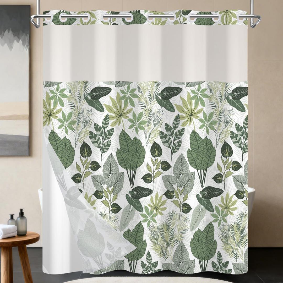 No Hook Shower Curtain with Snap in Liner, Tropical Green Leaf Shower Curtains for Bathroom, Botanical Waterproof Cloth Fabric with See Through Mesh Top Window, 71x74 Inch