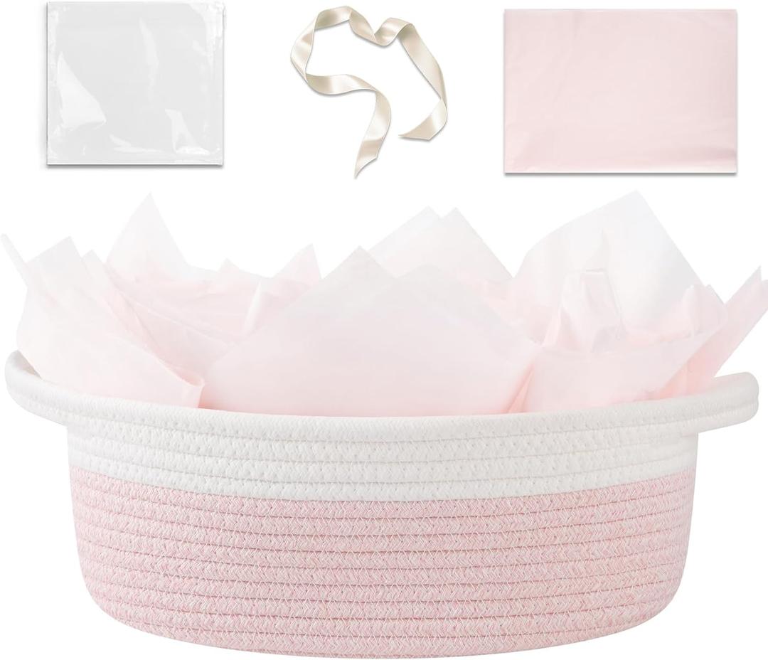 OIAHOMY Gift Basket Empty with Handle, 12"x 8"x 5" Small Woven Basket with Gift Bag, Ribbon and Wrap Tissue Paper, Dog Toy Storage for Organizing - Pink & White