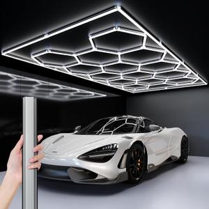 Updated Bigger Size 14 Grid Hexagon Garage LED Lights with Widen 1.33IN Illuminated Surface, 108000LM Led Lights System for Garage, Basement,Warehouse(Black Edge) Patent No.US0D1109406S