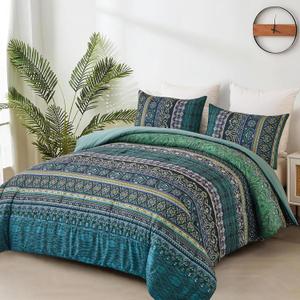 Boho Comforter Queen Size, 3 Piece Emeralds Green Bohemian Striped Western Comforter Set, Ultra-Soft Lightweight Microfiber Boho Hippie Bedding Set with 2 Pillow Shams for All Season (Emerald Green)