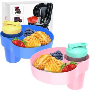 2PCS Car Seat Snack Tray for Kids: Kids Car Tray with Cup Holder, Toddlers Road Trip Essential, Travel Snacks Food Plate for Stroller, Snack Tray with a Cup Holder (Blue&Pink)