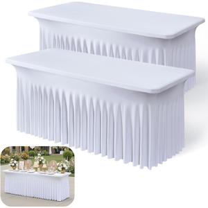 2pk White Spandex Tablecloths 6ft for Rectangle Tables, Wrinkle Free Classy Table Skirt Stretchy Fitted Table Cloths Covers 6 Foot for Weddings Birthday Party Events Banquette Baby Shower