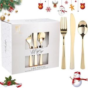 WDF Disposable Plastic Gold Silverware Cutlery - Disposable Flatware
