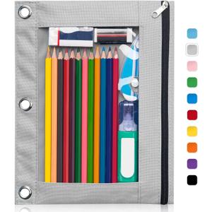 Forvencer Pencil Pouch for 3 Ring Binder, Binder Pencil Case with Smooth Zipper, Clear Window Pencil Bag with 3 Reinforced Grommets, Big Capacity Pencil Box, School Office Supplies, Grey