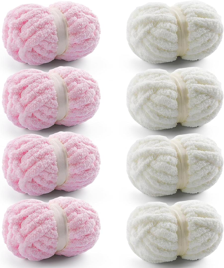 8 Pack Chunky Yarn for Hand Knitting - Chunky Chenille Yarn for Crocheting - Fluffy Yarns for Crochet - Jumbo Yarns for Hand Knitting 28.4 Yds 7.7 Oz Per Roll (8, Light Pink-Milky White)