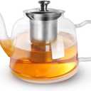 Glass Teapot with Infuser and Lid, 1300ml/43oz Borosilicate Glass Teapot with Stainless Steel Mesh Infuser for Loose Leaf & Blooming Tea, Stovetop & Microwave Safe
