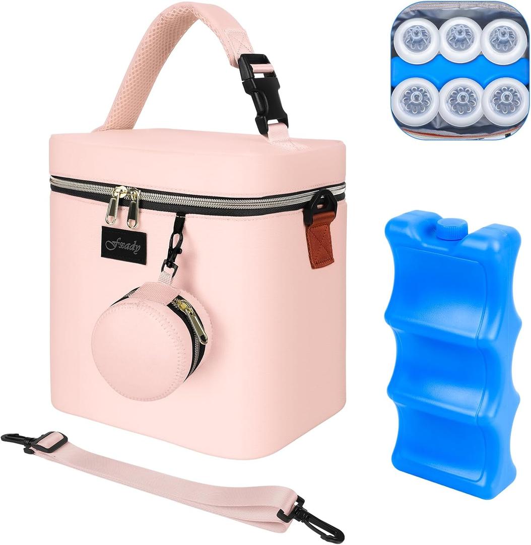 Breastmilk Cooler Bag with Ice Pack, Insulated Baby Bottle Tote Bag for 6 Bottles Up to 9 oz, Clip-On Pouch for Baby Essentials, Leakproof, Waterproof, Shoulder Strap for Nursing Moms (Pink)