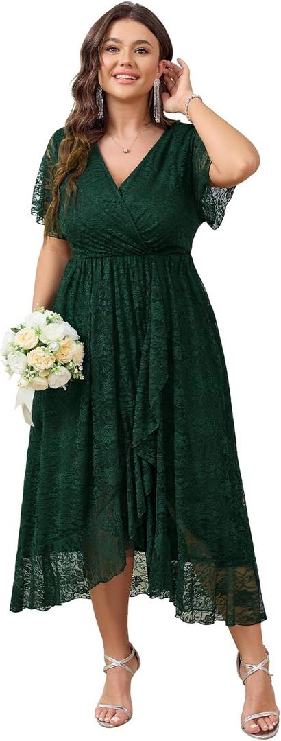 SCOMCHIC Womens Plus Size Wedding Guest Dress Formal Lace Wrap V Neck High Low Short Sleeve Cocktail Maxi Dresses XL-4XL (Large, Emerald Green)