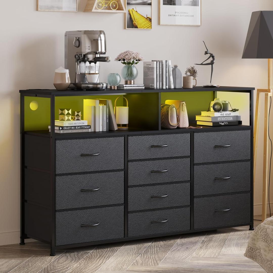 Unionly 55W 10-Drawers Dresser with 2 Open Storage Shelves, TV Stand Dresser for 55,65 inch TVwith Power Outlets and LED Lights, Fabric Dressers Drawers for Bedroom, Living Room (Black), 11.8"D x 55.1"W x 35.4"H