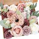 Dusty Rose and Burgundy Artificial Flowers Combo Box, Fake Blush Roses with Pink Silk Daisy, Faux Floral Arrangements with Stems for DIY Wedding Bouquets Centerpieces Bridal Shower Decorations