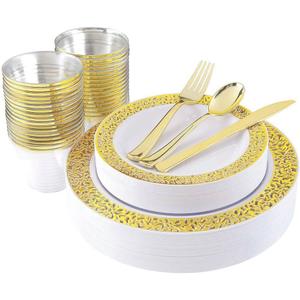 supernal Elegant Gold Lace Disposable Dinnerware Set, 180pcs Banquet Set  30 Round Plastic Dinner/Dessert Plates, 90 Gold Plastic Cutlery & 30 Goldden-Rim Clear Tumblers  Wedding, Party, Birthday