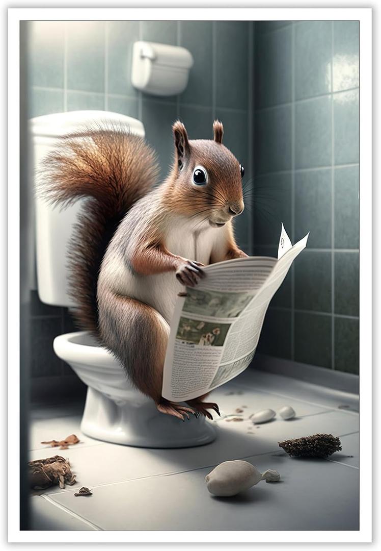 KOEUIRW Funny Squirrel Bathroom Canvas Wall Art Cute Squirrel In Toilet Posters Black and White Animal Prints Painting Maximalist Mid Century Modern Aesthetic Wall Decor for 24x36in Unframed
