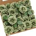 Ling's moment Artificial Flowers 25Pcs Elf Green Roses Decor w/Stems,3" Real Touch DIY Foam Floral for Wedding Bouquet/Centerpieces, Outdoors Party Backdrop, Room/Table, and Garden/Pot Decorations