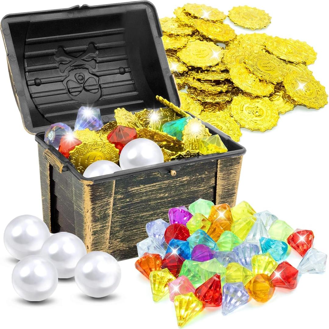 80 Pcs Diving Gems Pool Toys for Kids, Pirate Treasure Chest Box with 35 Colorful Gemstones,40 Pirate Gold Coins,4 Big Pearls,Swim Water Dive Training Toys Pool Game Toys for Kids Ages 4-12