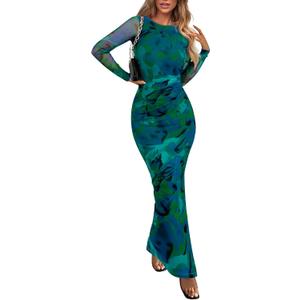 PRETTYGARDEN Women's Bodycon Maxi Dress Fall Spring Fashion Long Sleeve Floral Print Tight Fitted Party Club Ruched Dresses (Medium, Green)