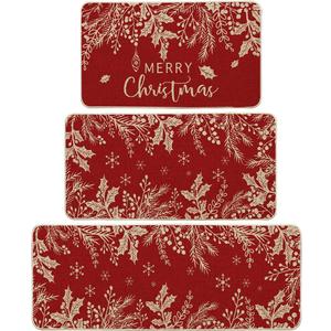 Artoid Mode Holly Pine Branches Leaves Merry Christmas Kitchen Mats Set of 3, Winter Decor Low-Profile Kitchen Rugs for Floor - 17"x29"+17"x36"+17"x47" (Red)