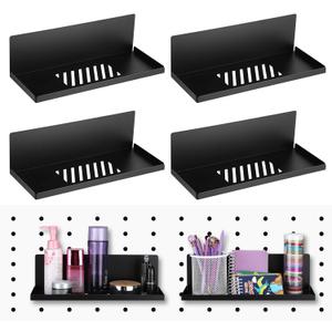 Therwen 4 Pack Magnetic Pegboard Shelves Wall Organizer Metal Pegboard Shelf Steel Tray Accessories Organizing Tools for Craft Home Kitchen(12 x 4.8 x 3.6 Inches,Black)