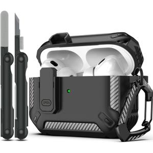 RFUNGUANGO for AirPods Pro Case Cover with Cleaner Kit, Military Hard Shell Protective Armor with Lock for AirPod Pro Charging Case, Front LED Visible,Black