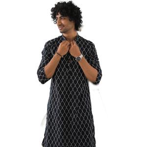 SHASAK Men's Cotton Long Kurta With White Chains Look Print (XX-Large, Black)