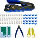 Rj45 Crimp Tool Kit Pass Through and Standard Cat6 Cat6A Cat5 Cat5e rj45 Crimping Tool with 50pcs rj45 Cat6 Pass Through Connectors, 20pcs Covers, 1 Network Cable Tester, 2 Wire Strippers, 1 Cutter