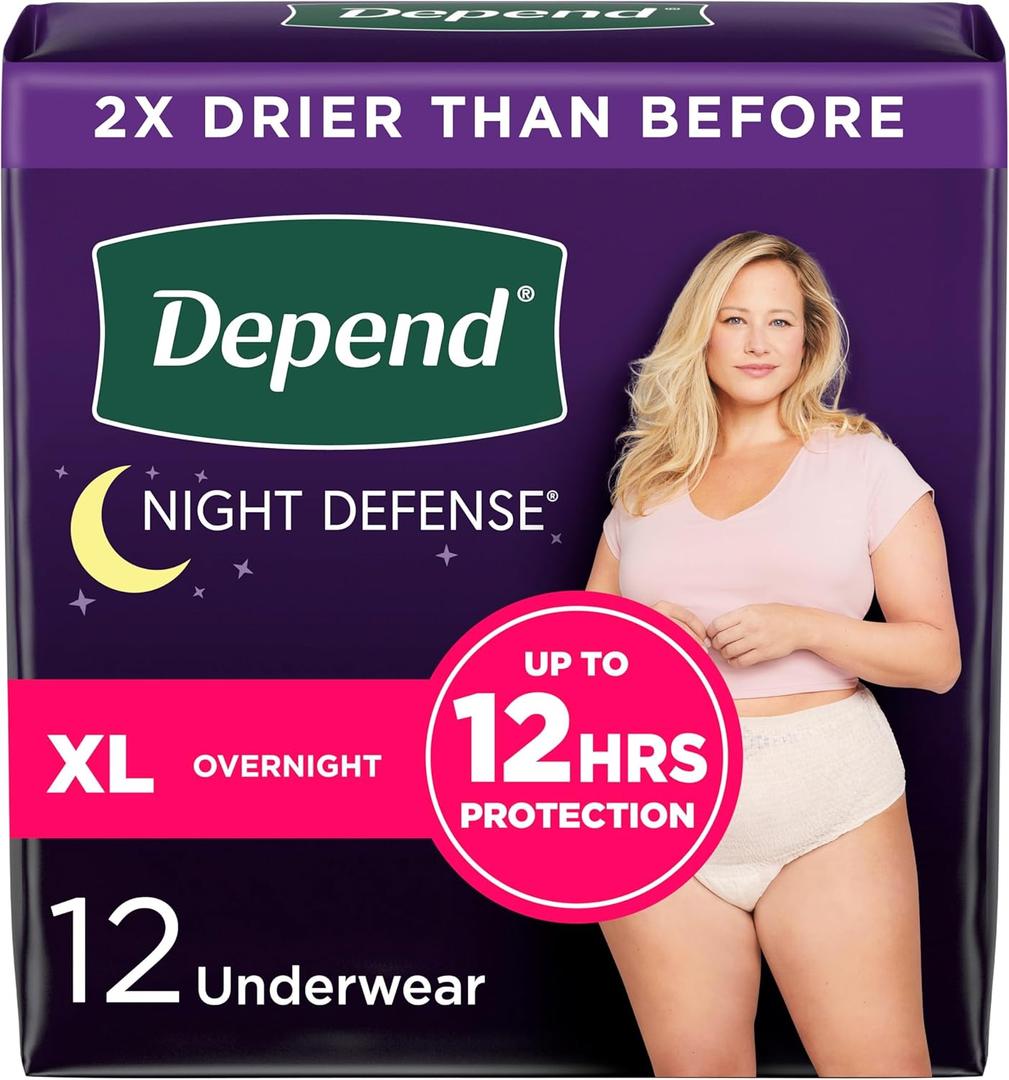 Depend Night Defense Adult Incontinence & Postpartum Bladder Leak Underwear for Women, Disposable, Overnight, Extra-Large, Blush, 12 Count, Packaging May Vary (X-Large)