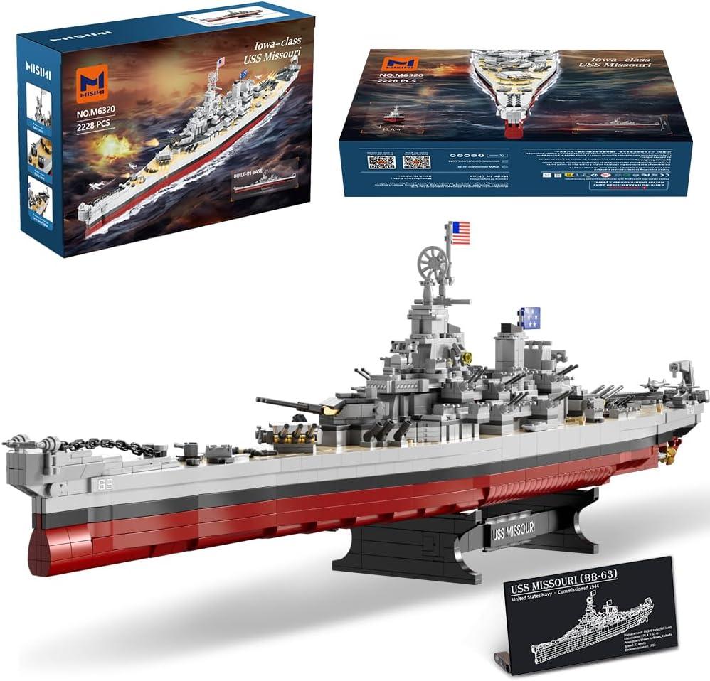 MISINI M6320 Military Series World War II Battleship Building Kit, 2228 Pieces USS Missouri Battleship, Toy Gift Ship Building Block Set for Adult Collection(Iowa-Class Warship)