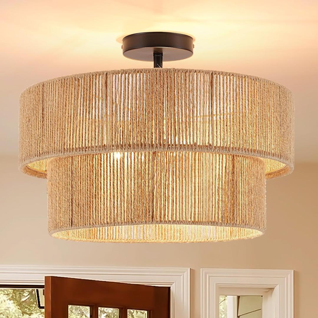 Boho Semi Flush Mount Ceiling Light Rattan Ceiling Light 18" Farmhouse Ceiling Lamp with Natural Hemp Rope Lampshade for Dining Room Living Room Bedroom Kitchen