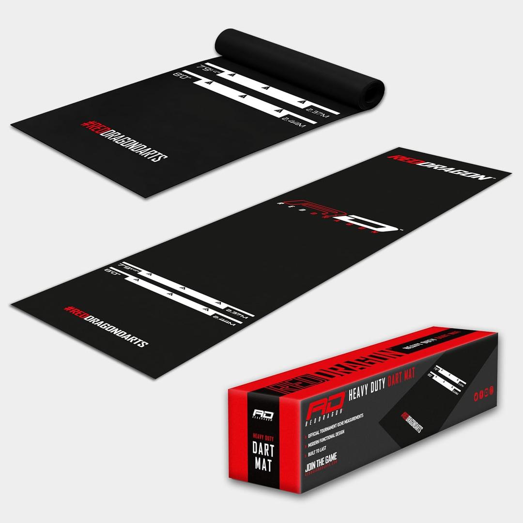 RED DRAGON Dart Mat with Oche Line - Heavy-Duty Non-Slip Rubber for Accurate Throwing Distance & Floor Protection, 3m (9.8 ft) x 60cm (24 in), Tournament Measurements, Checkout Card Included