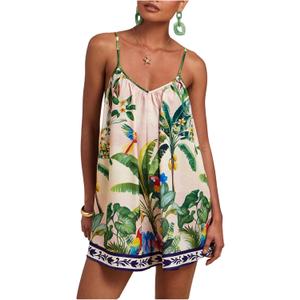 Women's Summer Tropical Rompers Sleeveless V Neck Wide Leg Vacation Short Jumpsuits (Green), L