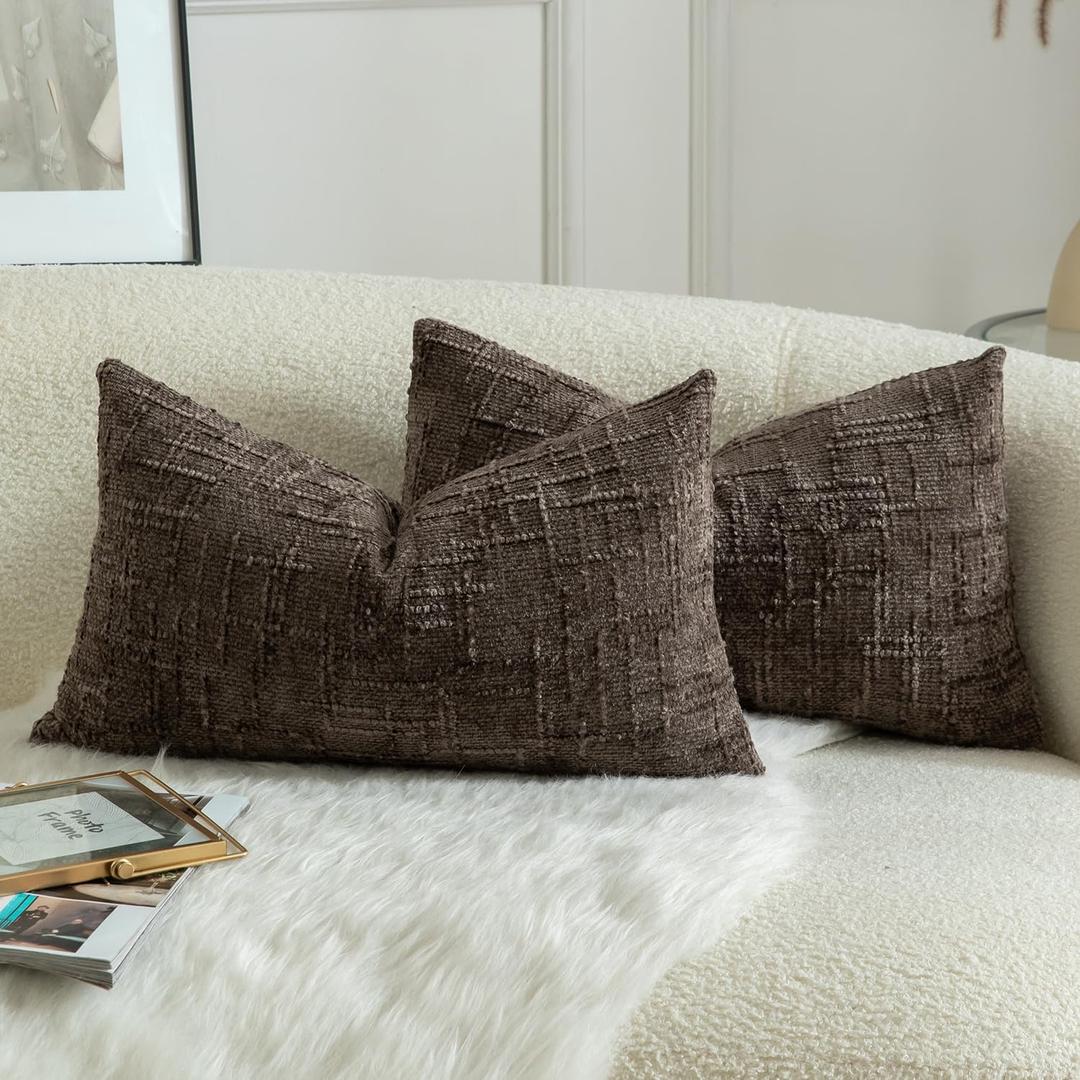 MANDIOO Pack of 2 Soft Chenille Textured Throw Pillow Covers Lumbar Accent Solid Decorative Cushion Cover Cozy Farmhouse Pillow Case for Couch Sofa Bed Living Room 12x20 Inch Coffee