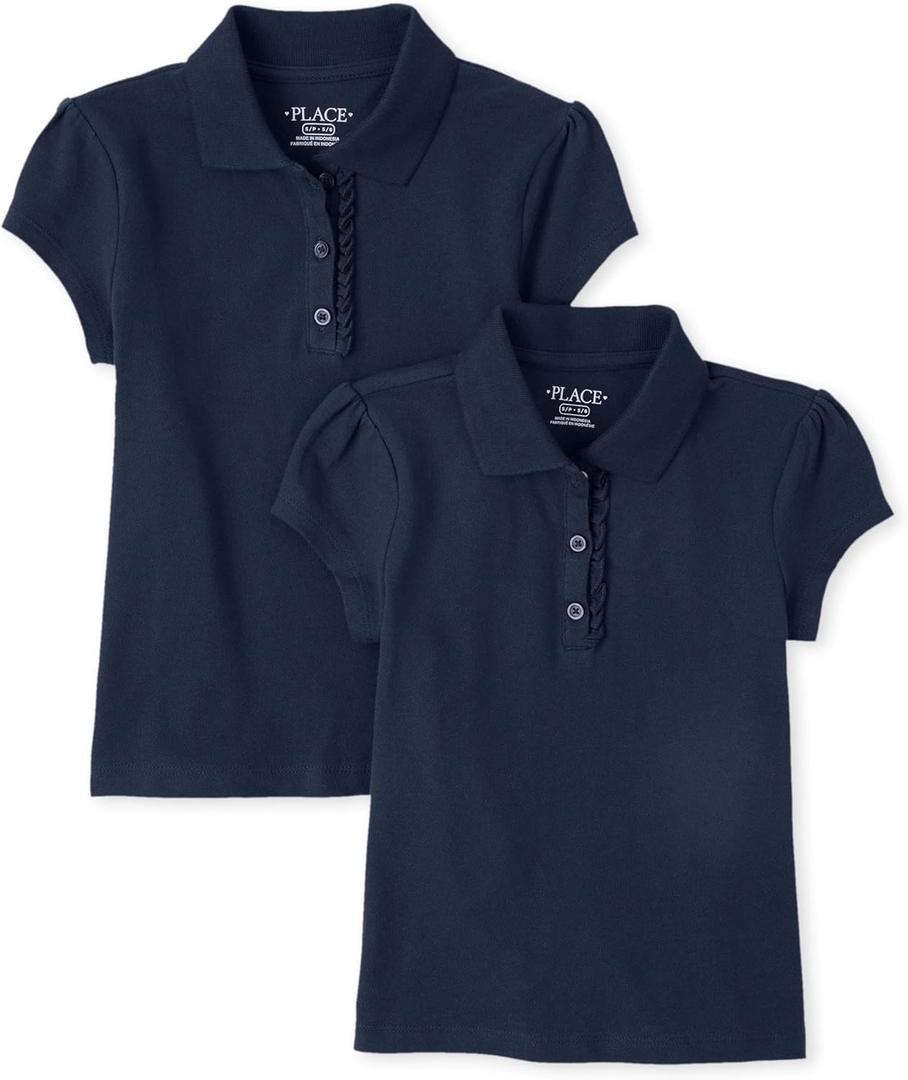 The Children's Place Girls' Short Sleeve Ruffle Pique Polo, 2 Pack (Blue, L)