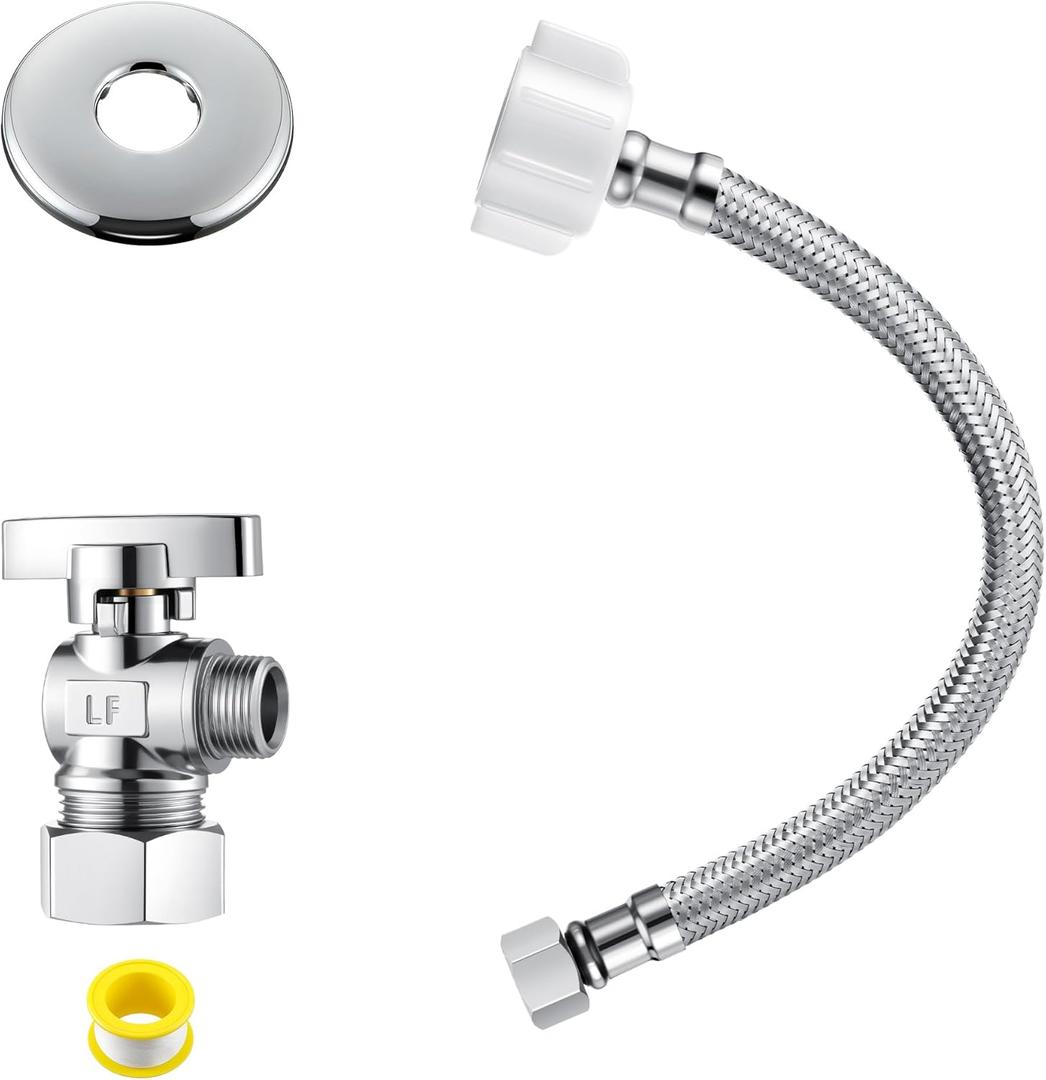 1 Pack Complete Toilet Valve Set, Includes 1/2 inch Nom Inlet x 3/8 Inch OD Compression Outlet Angle Shut Off, Stainless Steel Toilet Water Supply Line, Escutcheon Plate, Sealing Tape (9" Hose)