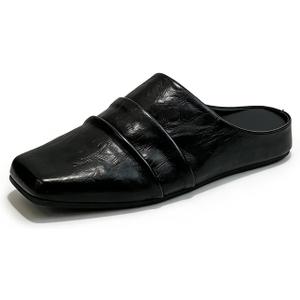 Women's Pleated Leather Flat Mules Vintage Comfortable Square Closed Toe Slip On Slippers Casual Work Walking Loafers 6