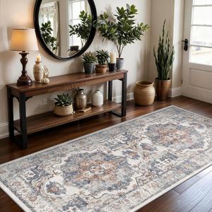 Washable 3x7 Hallway Runner Rug: Vintage 7ft Water-Resistant Soft Runner Rug for Entryway Kitchen Non-Slip Low Pile Carpet for Living Room Bedroom Thin Floor Mat for Bathroom Dining Room(3x7,Brick)