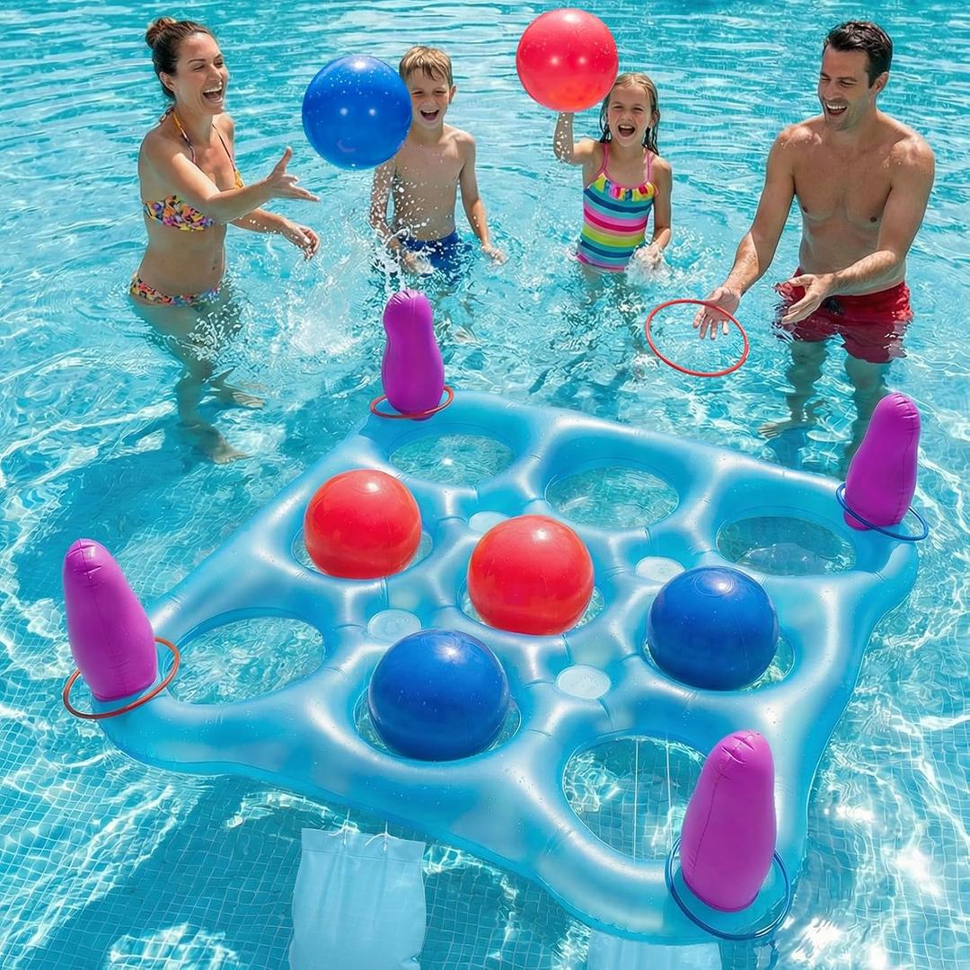 2 in 1 Pool Toys Games Set Inflatable Pool Float with 10 Balls & 8 Rings Tic-Tac-Toe Pool Games for Adults Kids, Fun Summer Party Beach Outdoor Yard Pool Game, Blue