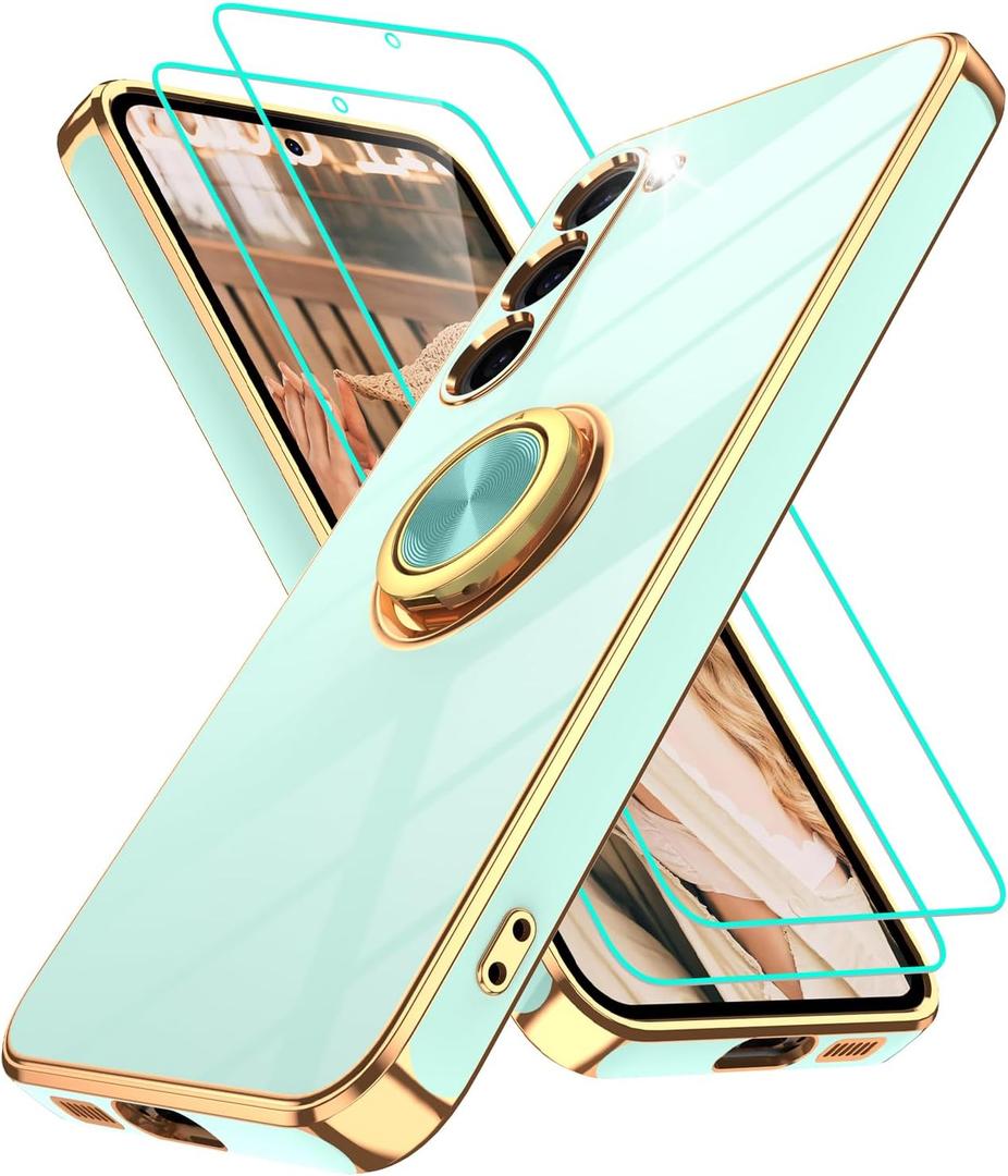 Gritup for Samsung Galaxy S23 Plus Case: with 2Pcs Screen Protector, 360 Rotation Ring Holder Magnetic Kickstand, Plating Gold Edge Soft TPU Shockproof Protective Cover for S23 Plus, Light Green