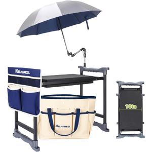 Garden Kneeler and Seat with Umbrella, 2-in-1 Foldable Gardening Stool with Adjustable Bracket, Detachable Tool Bags, Heavy Duty Kneeling Pad for Gardening (Beige Blue)