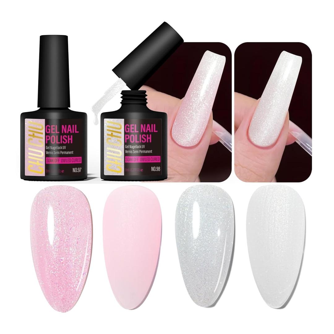 3 x CHUCHU Gel Nail Polish for Manicure: Glitter Pink and Moonlit White Colors UV Nail Polish - 8ml Duo Gel Polish for Women Beginners Nail Enthusiasts - Summer Spring Home Nail Art Design Salon Gift