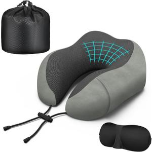 Neck Travel Pillow, Upgraded Memory Foam Pillow for Airplane, Machine Washable, Adjustable Flight Pillow, Suitable for Sleeping Airplane, Car, Office and Home (Grey)